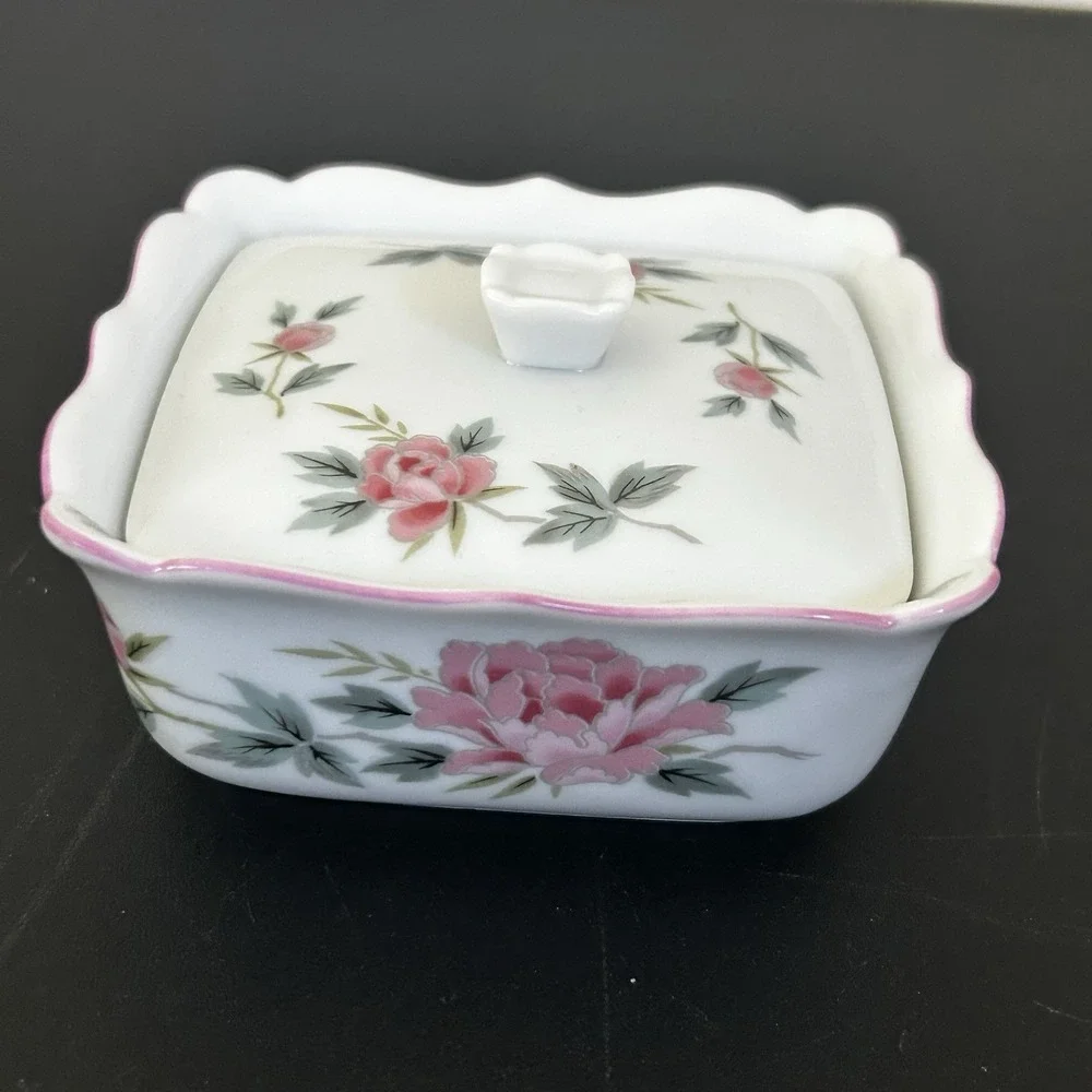 Vintage Andy Panda Japan Pink Rose Floral Porcelain Square Lidded Trinket Box